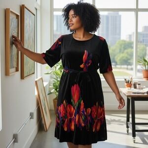 Vintage Womens Dress L Black Ribbed Jersey Slinky Knit Colorful Floral Retro Y2K